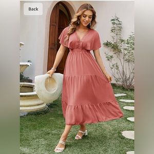 Women's Casual Short Sleeve V Neck Floral Maxi Dress- Mauve